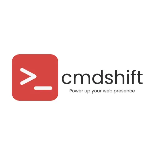 cmdshift company logo featuring a red command prompt icon with a white arrow and dash, alongside the brand name "cmdshift" and tagline “Power up your web presence” in black text on a white background.